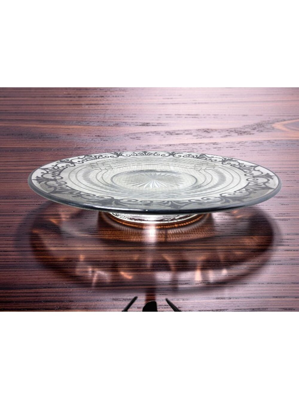 Vintage Sterling Silver Overlay Cut Glass Etched Serving Tray Platter 10.5 Inche